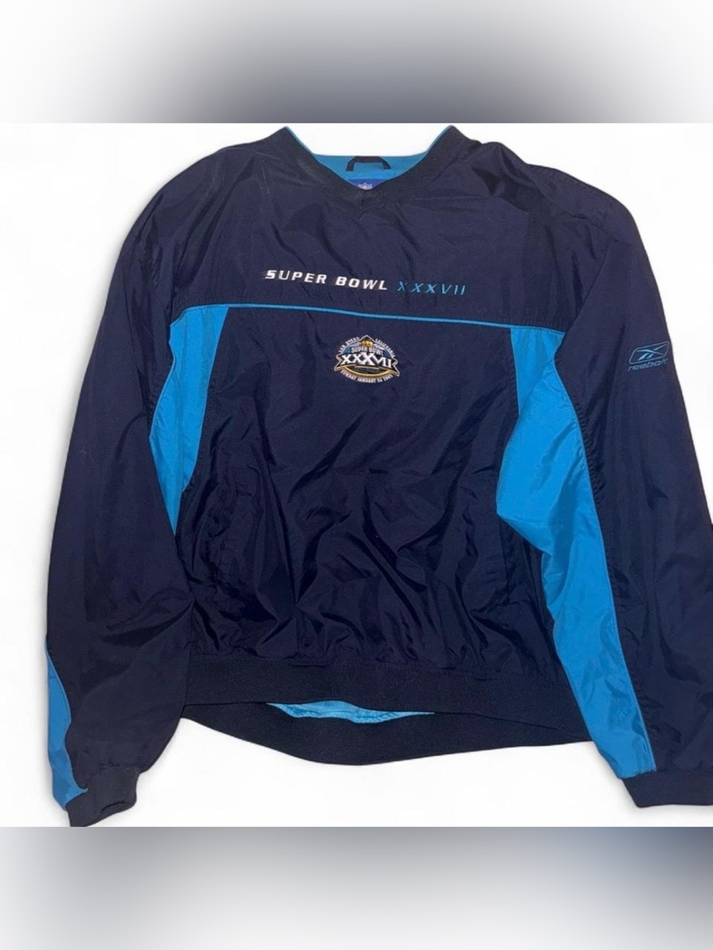 Vintage Reebok NFL Super Bowl XXXVII Navy & Light Blue Pullover Sz XL
